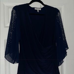 Chaus Midnight Blue Draped Blouse with Embellished Sleeves